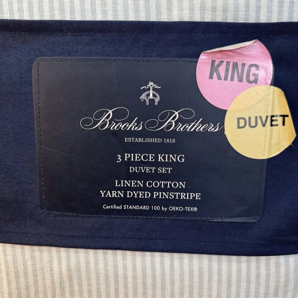 Brooks Brothers Duvet Set KING Linen Cotton Yarn Dyed Pinstripe Blue White